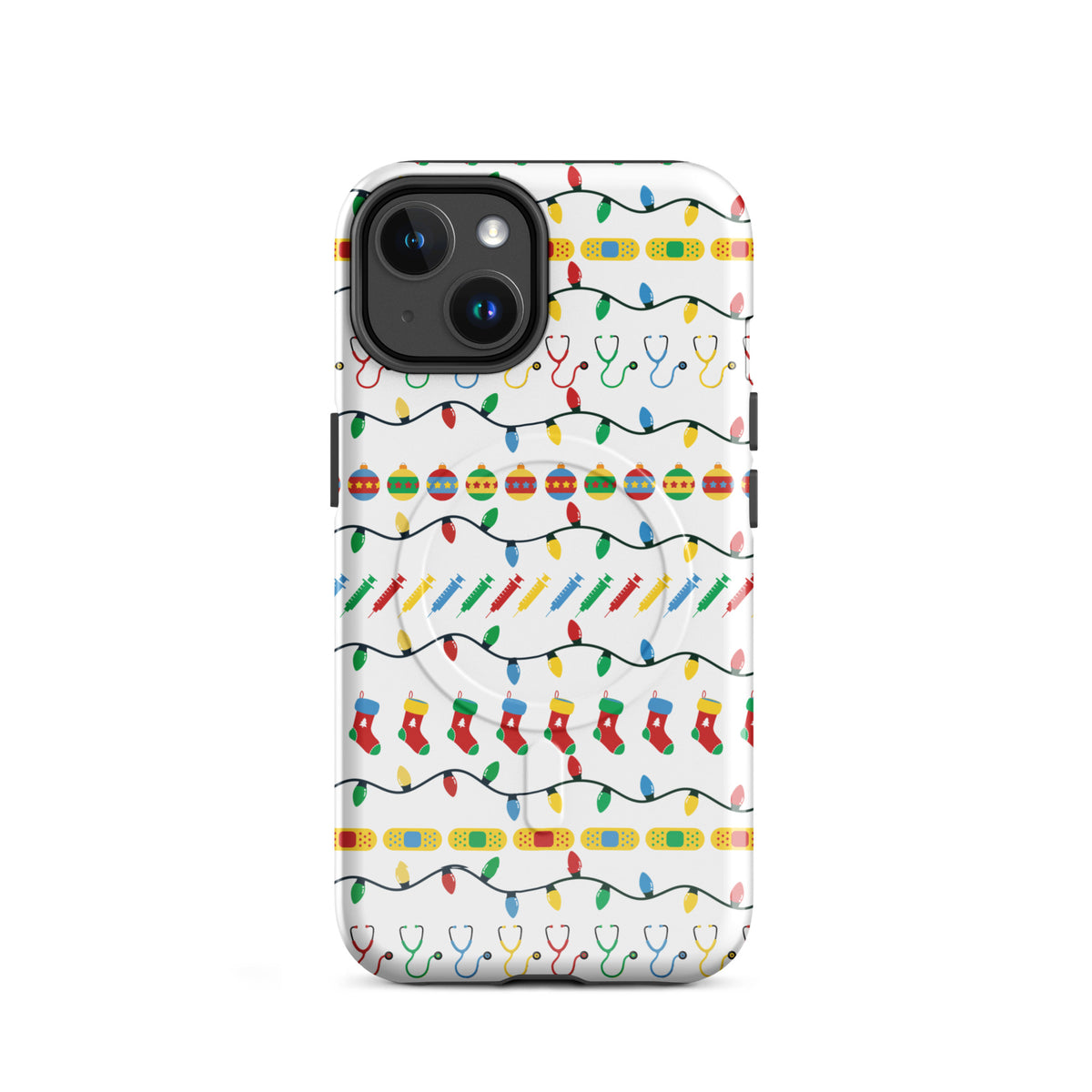 MagSafe® iPhone® case with Healthcare Fair Isle pattern with medical icons, front view