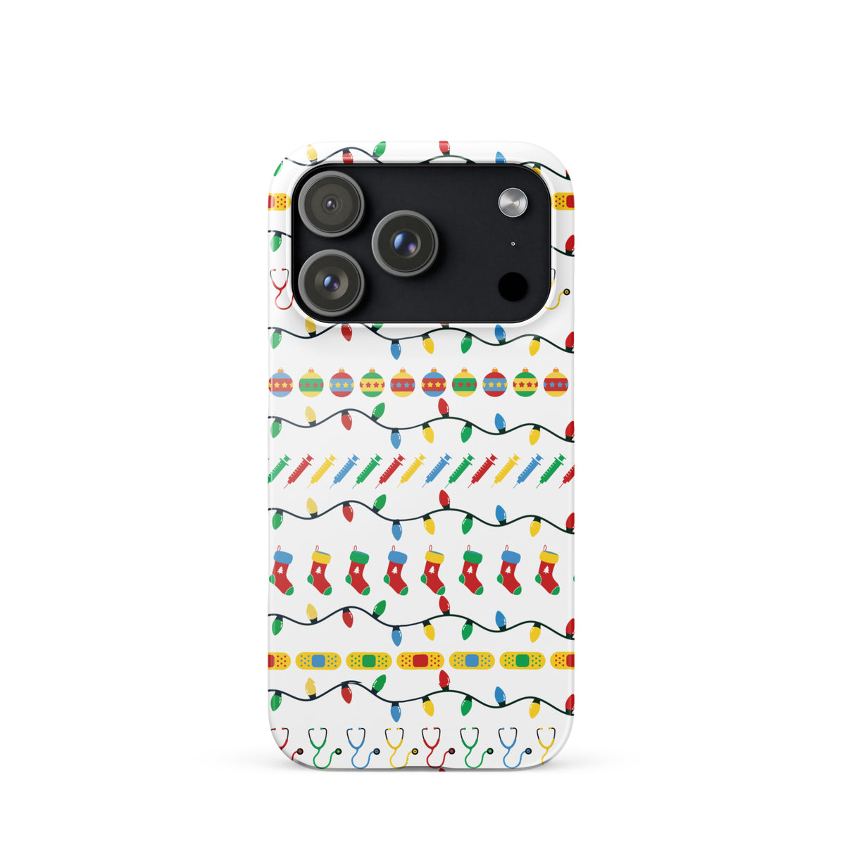 Snap case for iPhone® with Healthcare Fair Isle pattern with medical icons, front close-up view