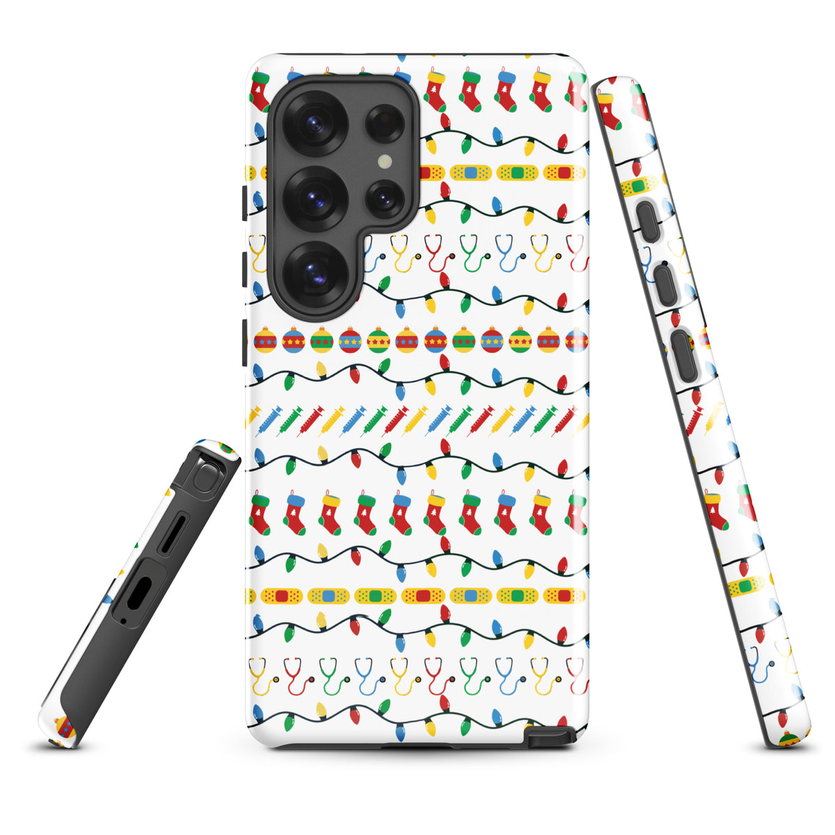 Samsung® case with Healthcare Fair Isle pattern with medical icons, front view