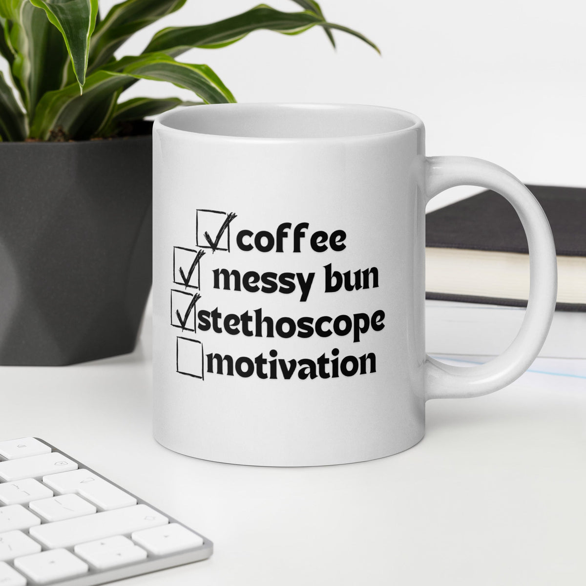 White Ceramic mug with “PA Life Checklist” morning routine graphic, close-up view