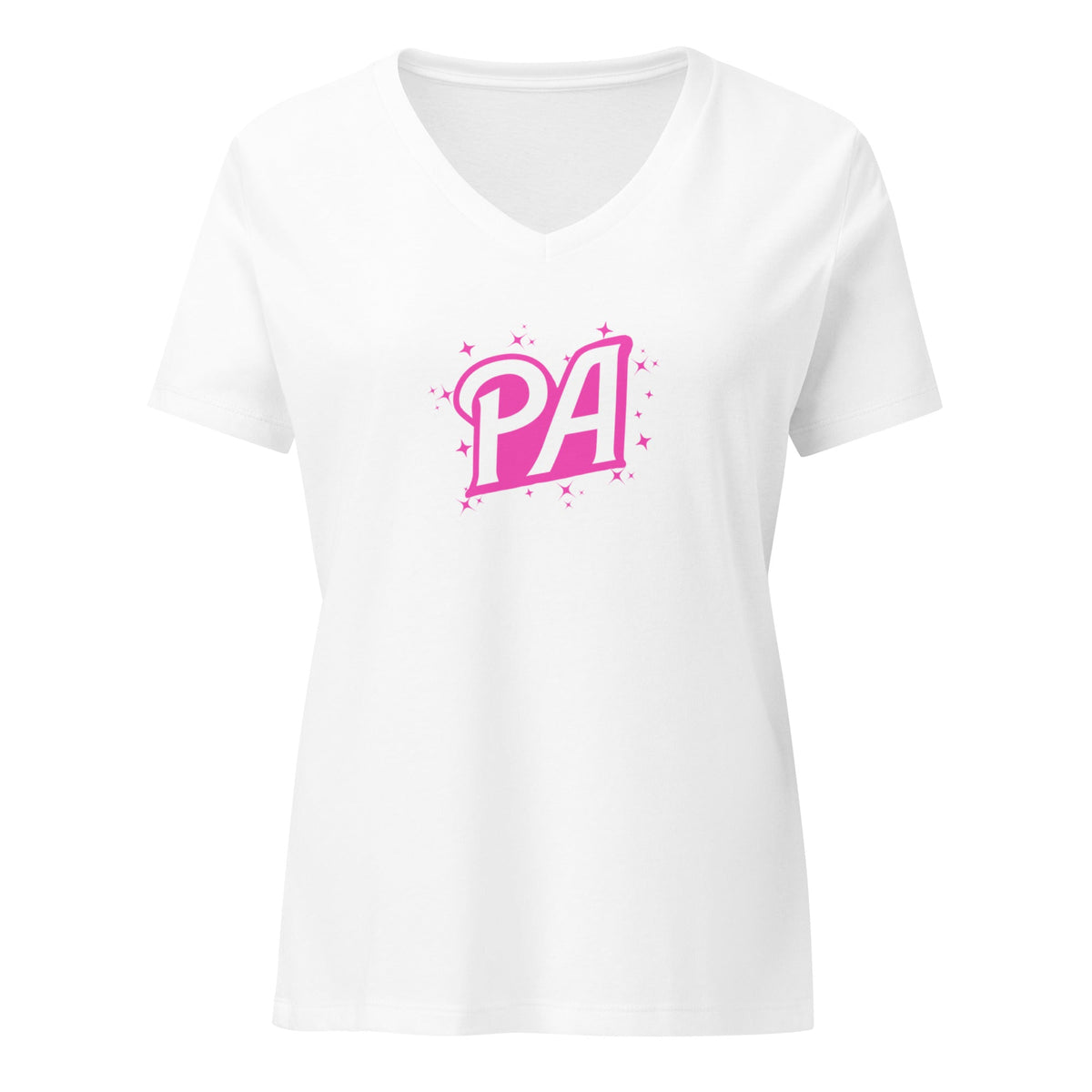 Solid white blend Women's relaxed v-neck t-shirt with bubbly doll-era script PA title graphic, front view
